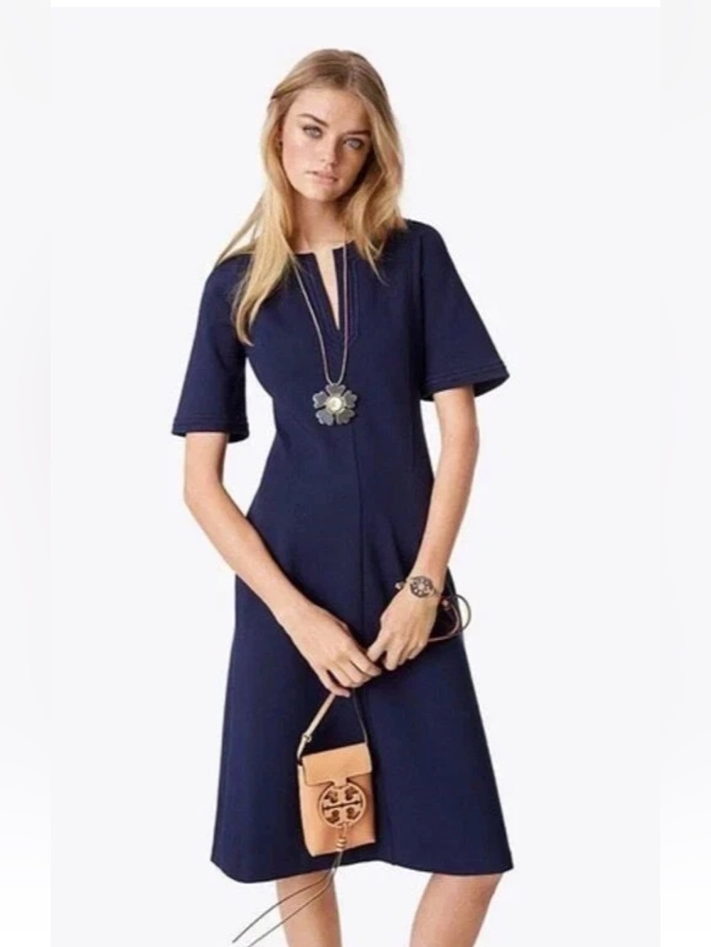 Tory Burch Jules Midi A-Line Dress Navy Blue Size S Short Sleeve Career